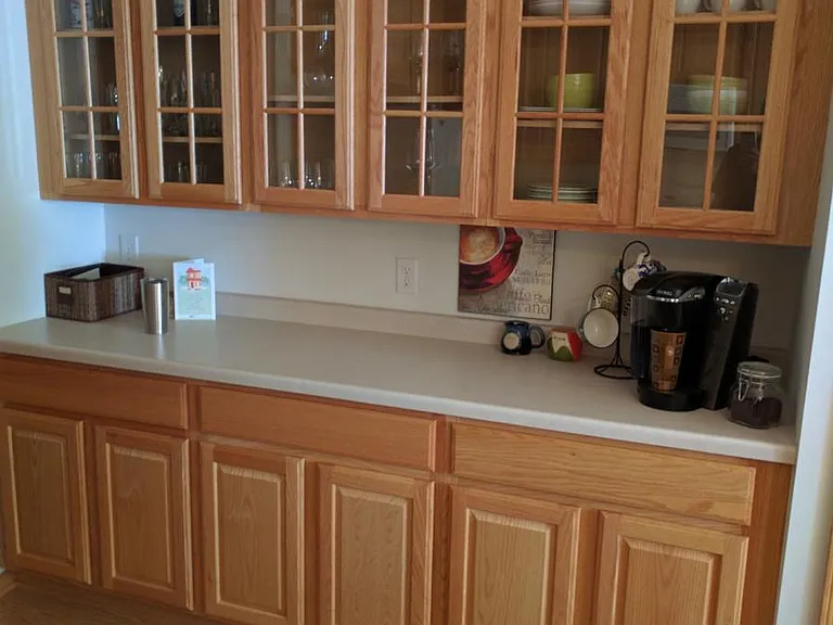 Kitchen has lots of cabinetry