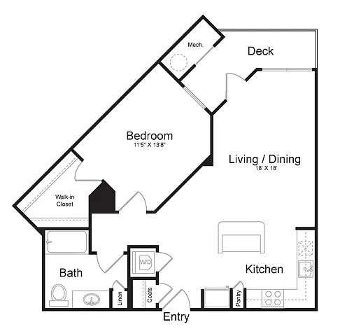 Floor plan One Bedroom One Bath (800 SF)