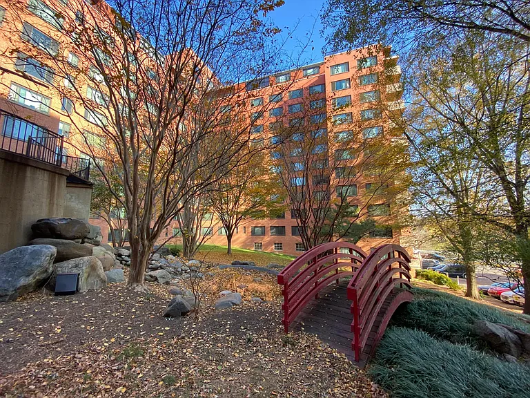 Landscaped gardens surround River Place.