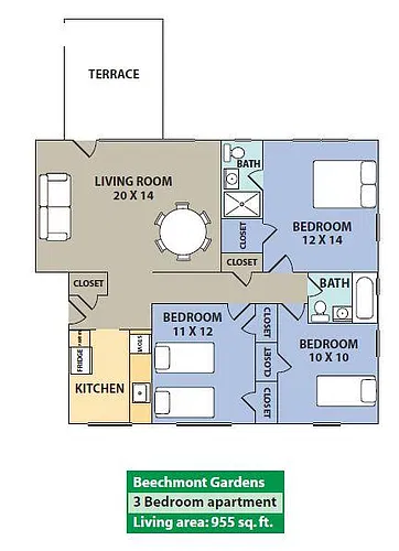 Floor plan 3-Bedroom 2-Bath with Deck