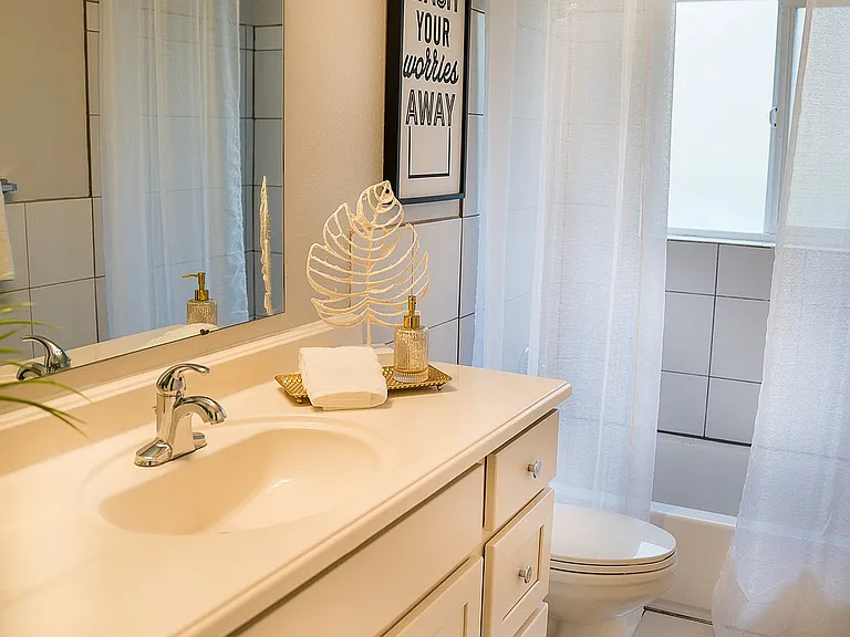 Chic and inviting bathroom with elegant vanity, modern decor, and lush natural light.