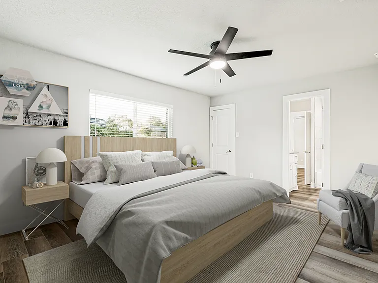 Virtuallly Staged secondary bedroom with walk-in closet.