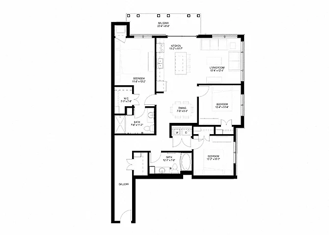 Floor plan Three Bedroom - D (Balcony)