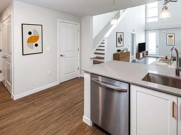 Finish Scheme 1 kitchen, living room, and dining area