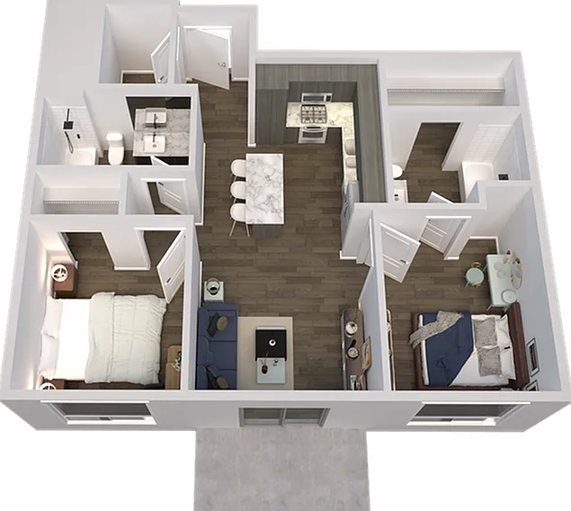 Explore this stylish apartment design highlighting two elegant bedrooms and an open living space. Explore this stylish apartment design highlighting two elegant bedrooms and an open living space.