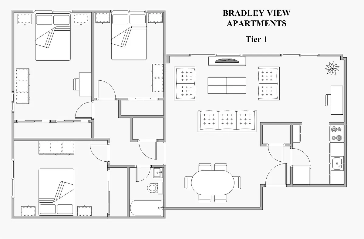 Floor plan Tier 1 - 3 Bed, 1 Bath
