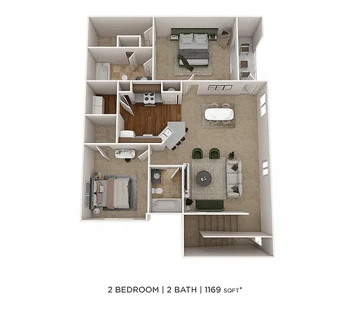 Floor plan Two Bedroom 2 Bath- Upper level w/ Garage 1169 sqf
