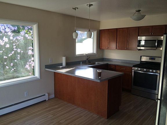Kitchen has large peninsula that opens to the dining area