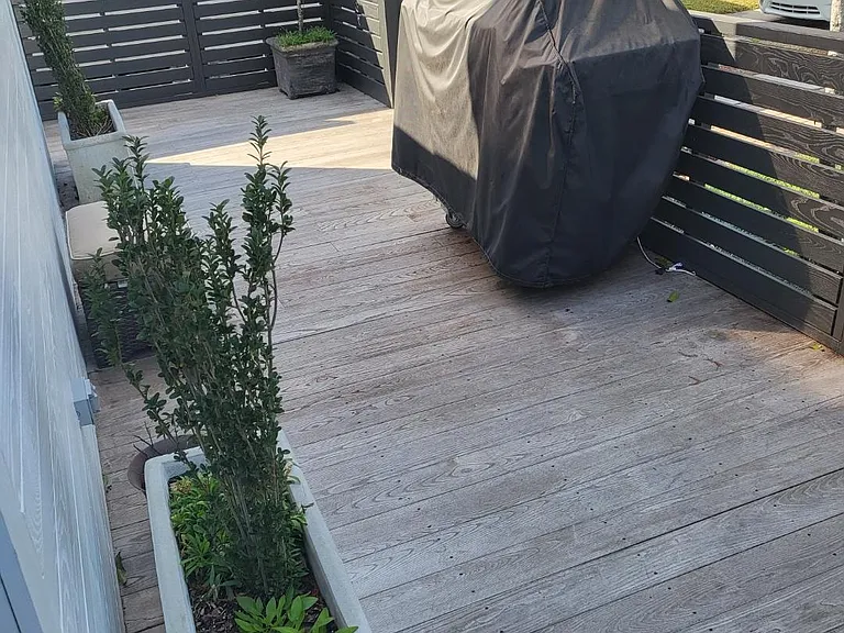 Our new deck features a LION gas grill and the garden has sweet olive trees and a fountain.