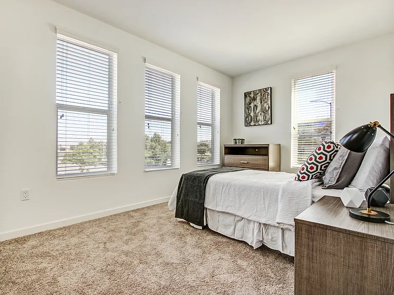 Window treatments include horizontal blinds and roller shades
