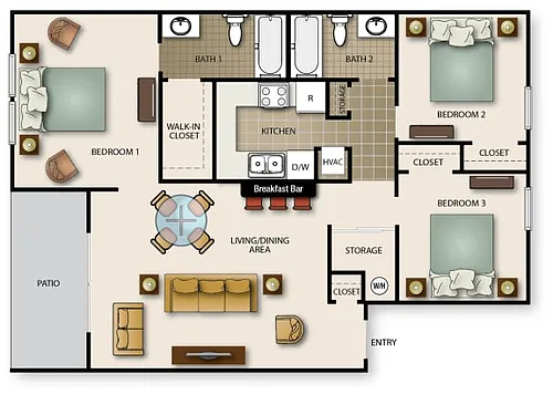 Floor plan Three Bedroom Two Bath