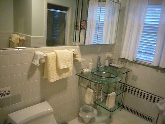 First floor master bath features modern sink, detached shower & tub.