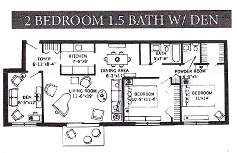 Floor plan 2 Bed 1 Full 1 Half Bath w-Den w-Patio w-Balcony