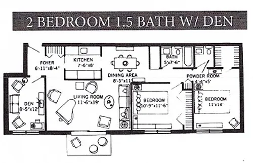Floor plan 2 Bed 1 Full 1 Half Bath w-Den w-Patio w-Balcony