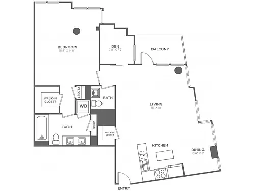 Floor plan One Bedroom One and a Half Bath w/Den (1200 SF)