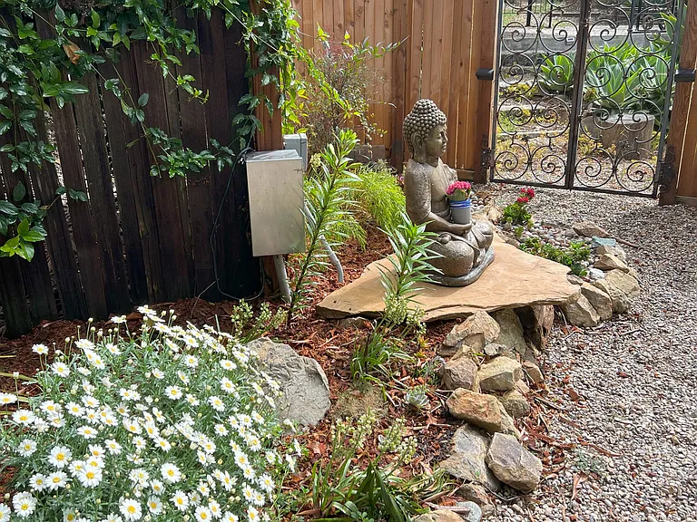 Small garden in backyard with wood deck in background