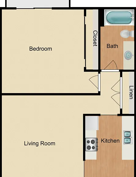 1 Bed 1 Bath Floorplan Diagram