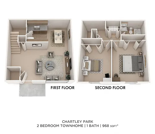 Floor plan Two Bedroom Townhome - 968 sqft