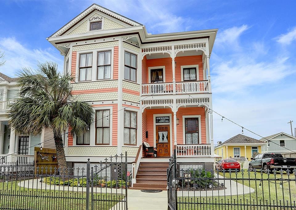 Circa 1905, this Victorian-style house at 1321 25th Street (Rosenberg) has large bay windows and double gallery front porches located on two full lots with Garage w/apartment and additional rear house (the yellow one in the back).