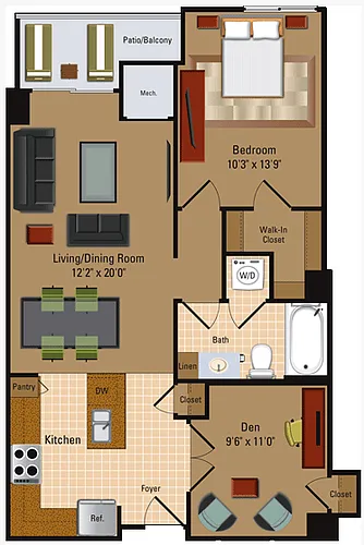 Floor plan 1 Bedroom, 1 Bath + Den - A4D