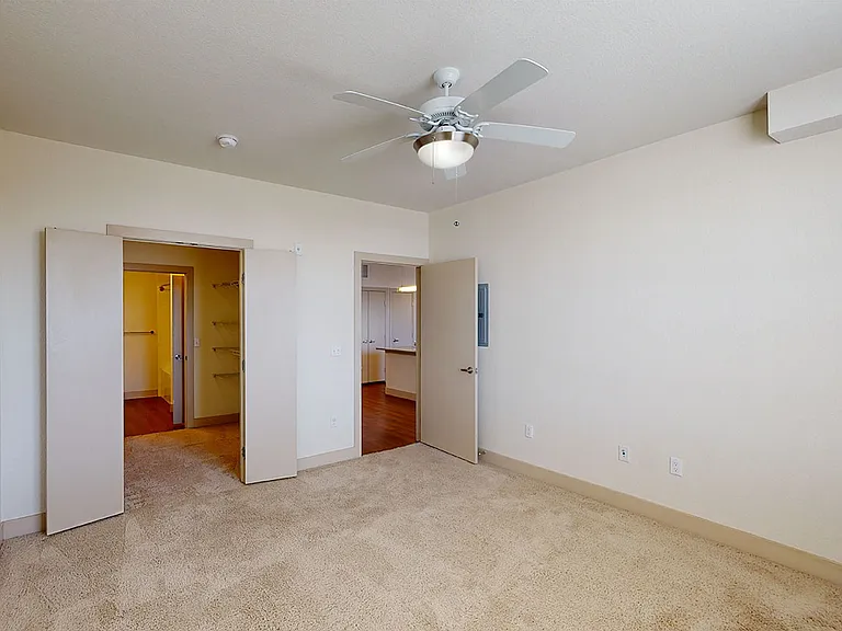 Spacious apartment bedroom with large closet, attached bathroom and plush carpet flooring.