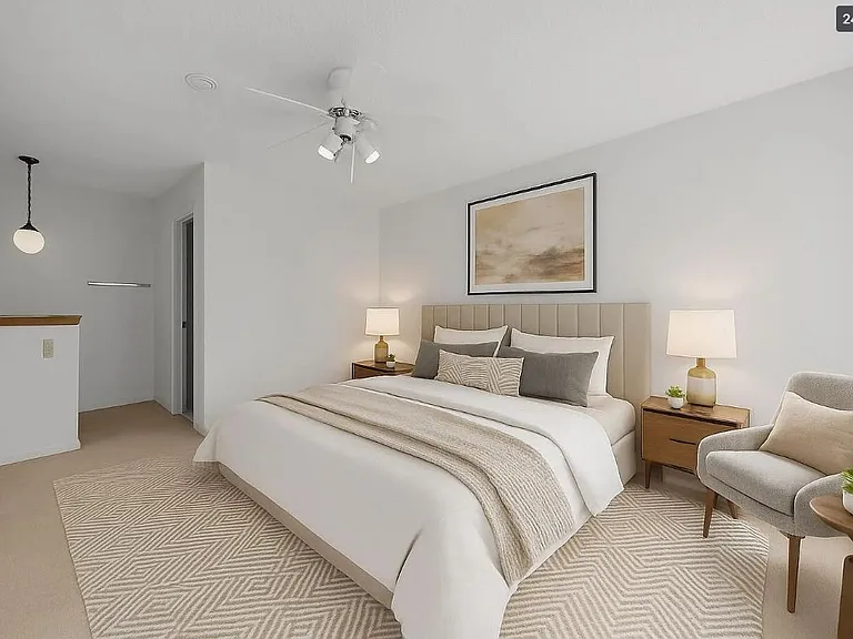 The master bedroom has been fully remodeled, featuring fresh paint, new LED lighting, updated flooring, and a ceiling fan with a remote control. It also includes a private bathroom that has been recently renovated.