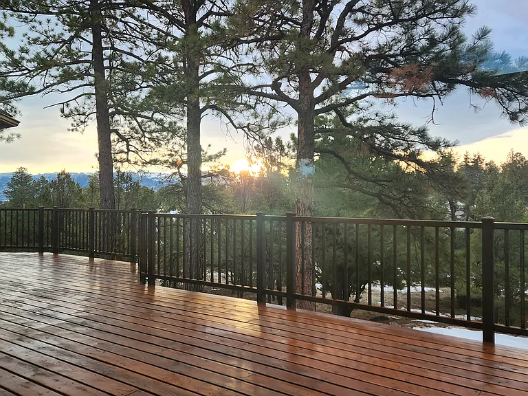 Deck facing east towards mountains at sunrise