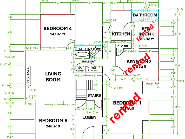Floorplan. Bedrooms 4 and 5 are available for rent.