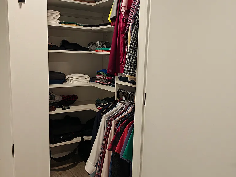 Walk-in closet in bedroom with built in shelving and a hamper.
