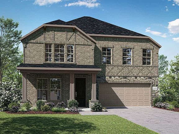Elevation E is a two story brick and stone home design featuring large front porch entry. Many desig