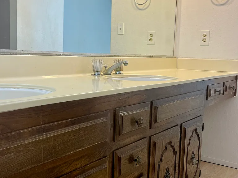 Primary bath vanity area with dual sinks, ample counter space, and an oversized mirror.