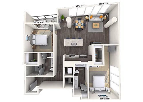 Floor plan Traditional 2x2 1198 SF