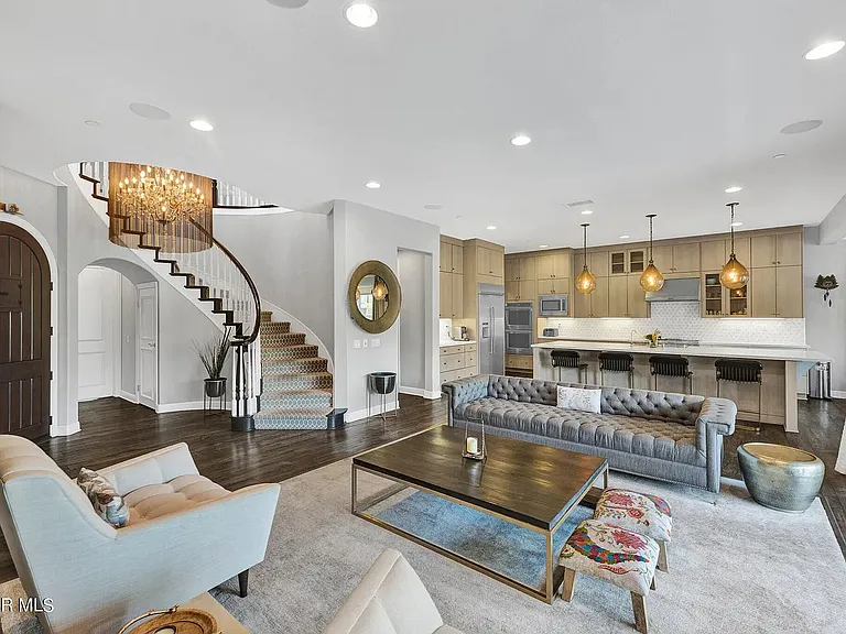 Living room with open space plan with kitchen