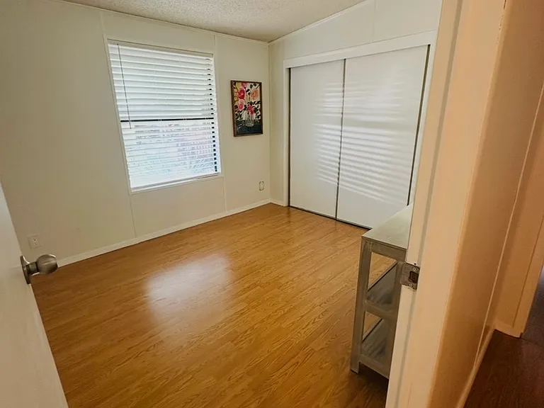 Third bedroom with large sliding door closet, bookshelf and lamp.