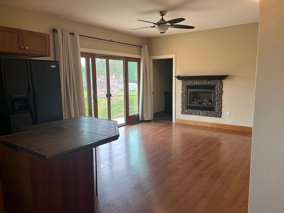 Kitchen and family room with fireplace