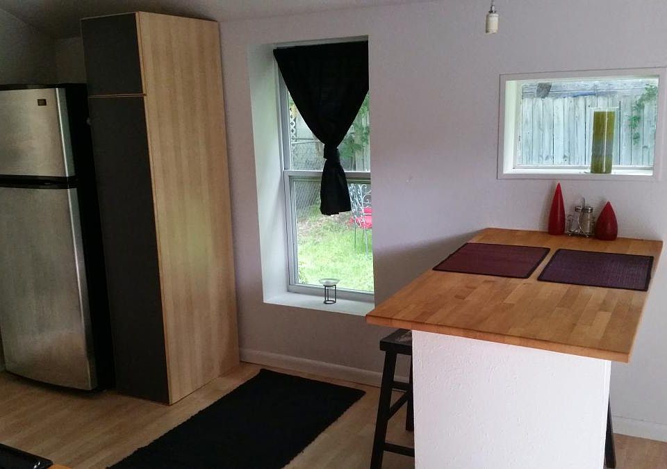 View from bedroom into kitchen