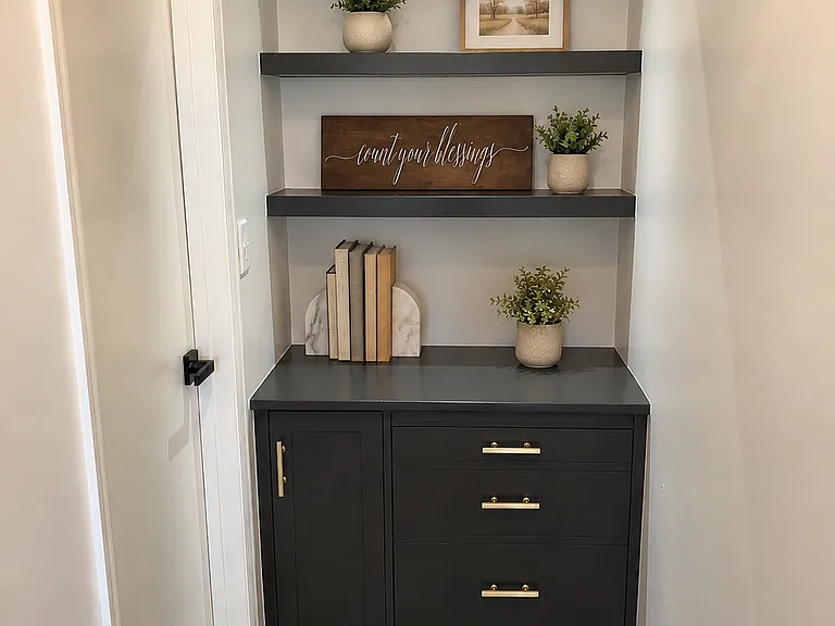 Virtually staged hallway storage