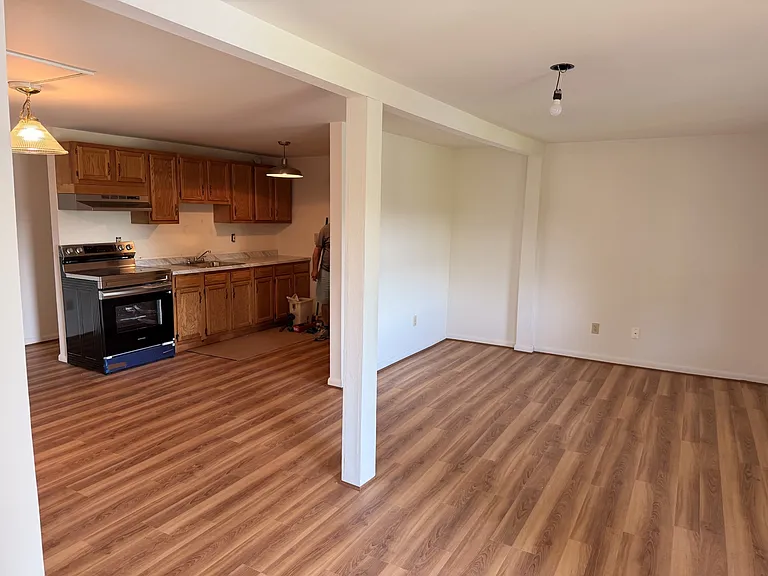 Large open concept area Living room, Kitchen, Dining room overlooking lake with brand new flooring, new appliances, countertops and backsplash.