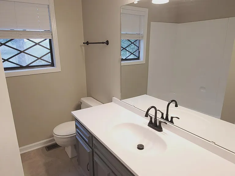 Full bath in the hallway with tub/shower combo, large vanity, and linen closet.