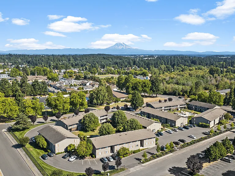 Scenic aerial view of our community with Mt. Rainier in the backdrop.