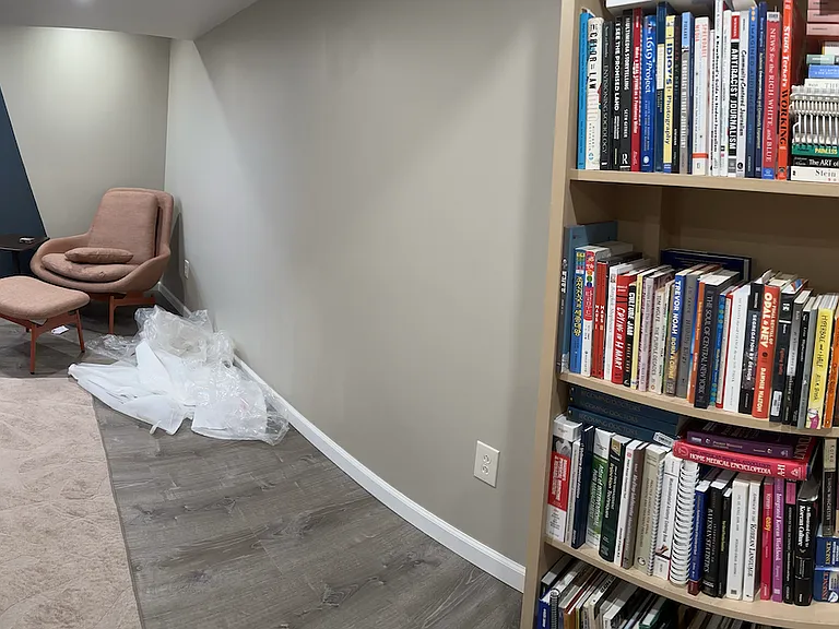 Panoramic view of the refinished basement.