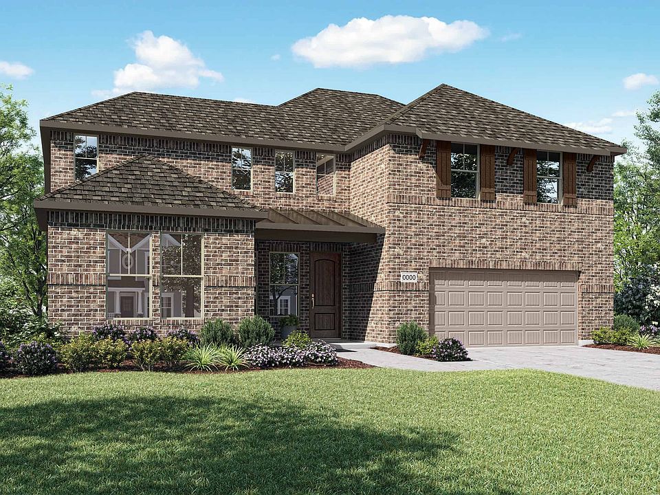 Elevation A is a two story full brick home design with clean lines and shutters on the front windows