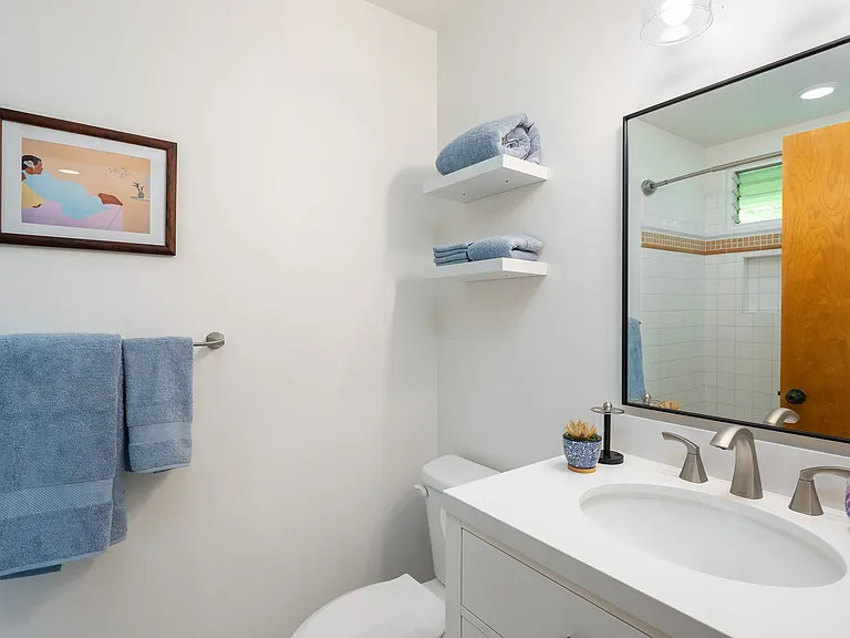 Renovated bathroom with Quartz counters and pull out under counter shelving