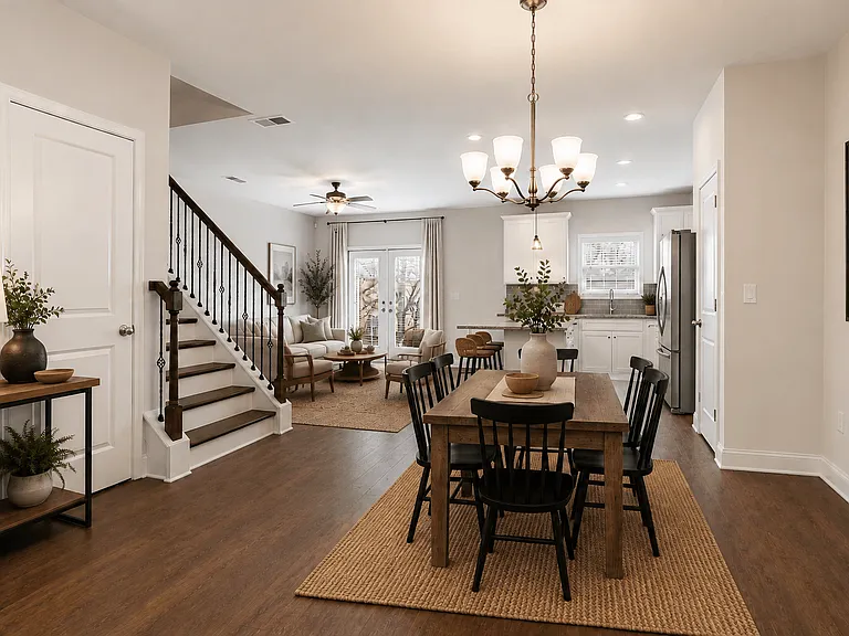 A view of the spacious kitchen, dining area, and stainless steel appliances