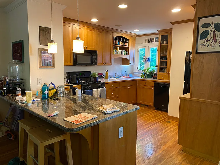 April 2025 Kitchen with window looking over back yard. Granite island with seating area, updated cabinetry, appliances and lighting