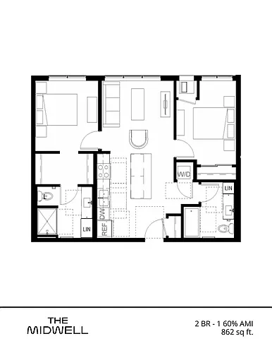 Floor plan 2 BR - 1 60% AMI