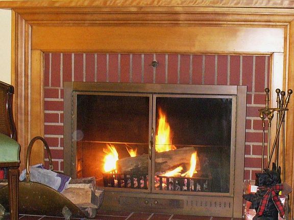 Wood burning fireplace in living room