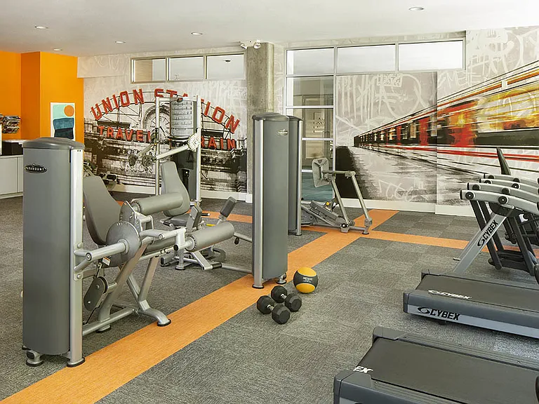Apartment community 24-hour fitness center at Griffis Union Station in Denver, Colorado.
