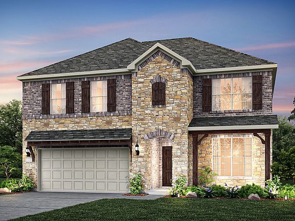 The Caldwell, a two-story home with covered front porch and 2-car garage, shown as Home Exterior D