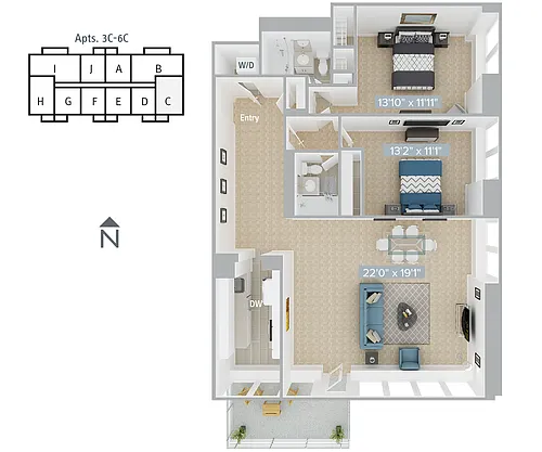 Floor plan Furnished-f-B2-1215SF-3C-6C